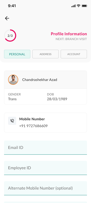 Personal details screen in the gold loan application